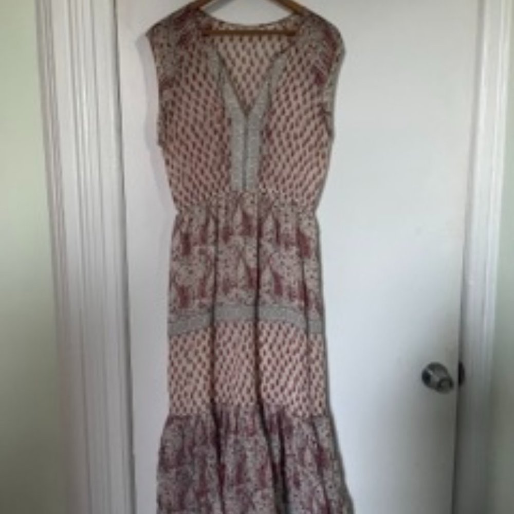 ULLA JOHNSON Silk Georgette Tropez Paisley Print Tiered Midi Dress Cream Combo